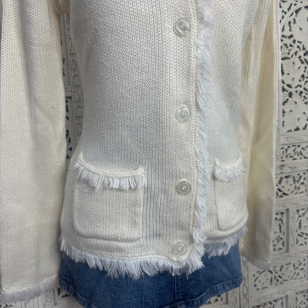 Chadwicks Ivory Button Up Cardigan With Fringe Trim & Pockets Sz Small - Picture 3 of 8